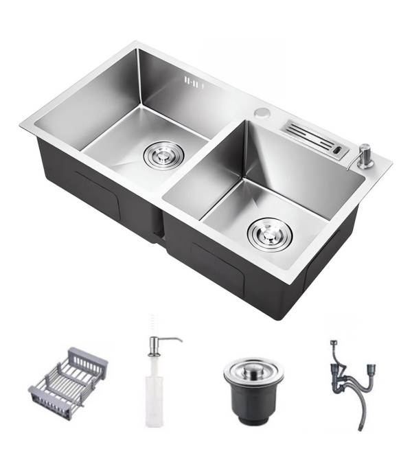 Pileta Doble de Cocina de Acero Inoxidable con Accesorios (Gris) - DB01